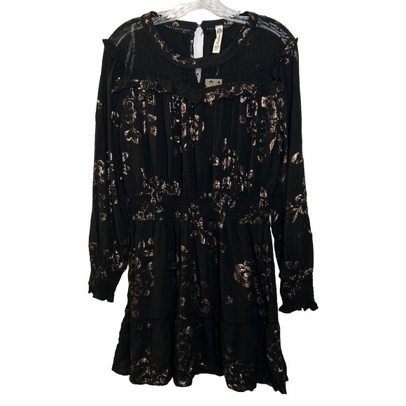 American Rag Cie Dress Junior size Large defined stretch waist black gold New - Picture 1 of 16